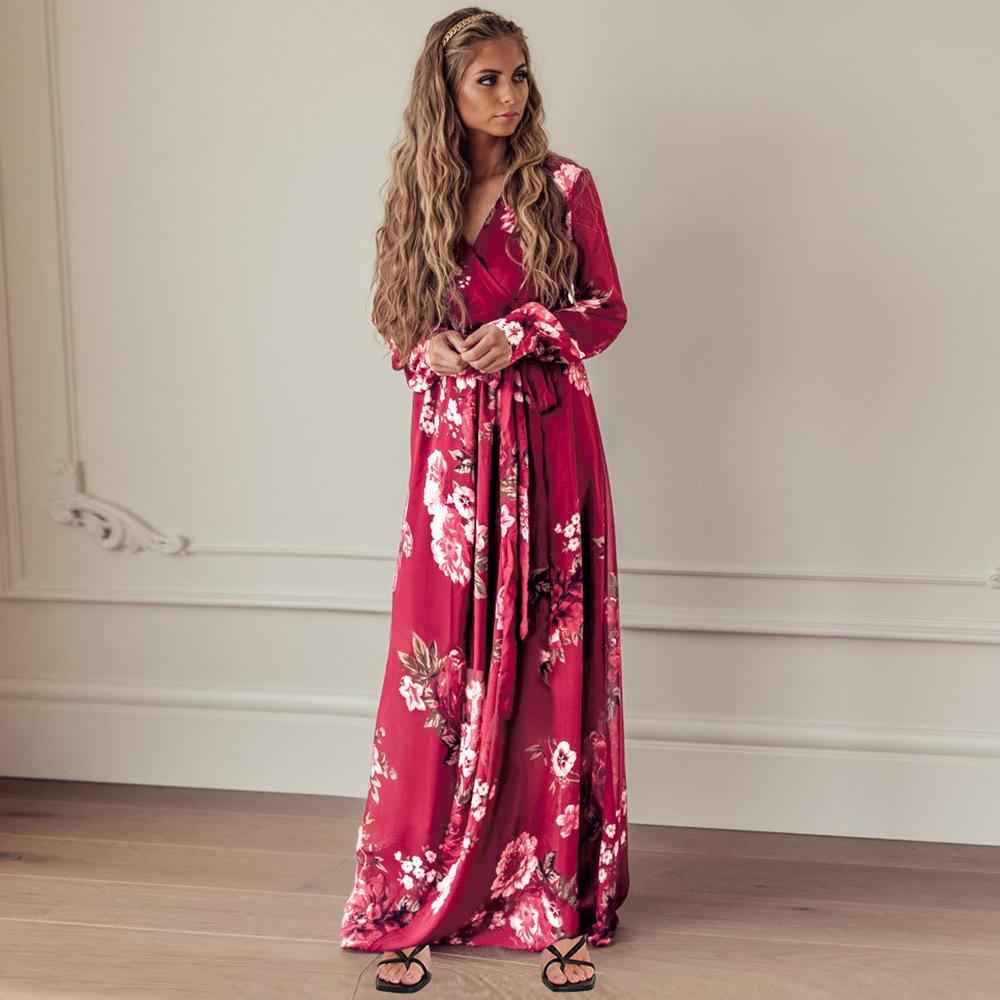 Female Casual Vintage Floral Print Autumn Maxi Dress Sexy V Neck Women