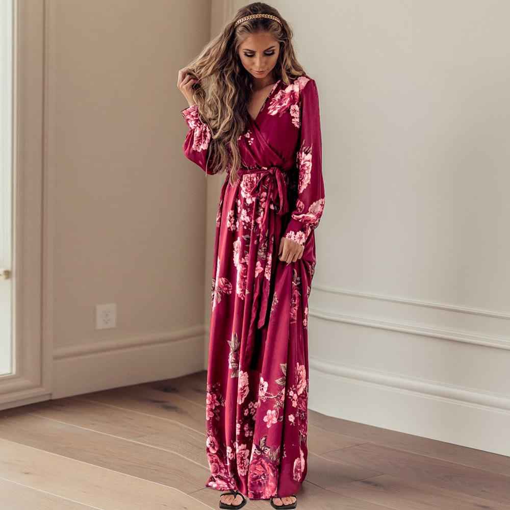 Female Casual Vintage Floral Print Autumn Maxi Dress Sexy V Neck Women
