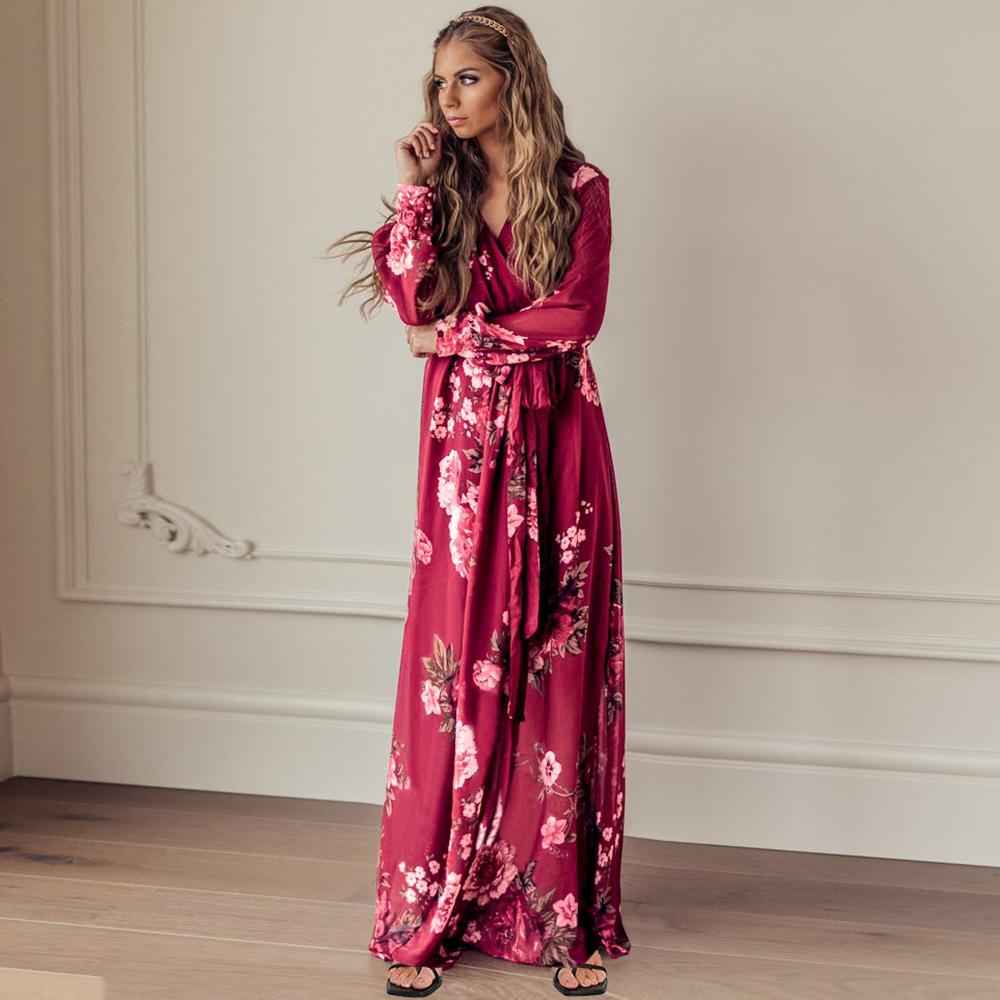 Female Casual Vintage Floral Print Autumn Maxi Dress Sexy V Neck Women