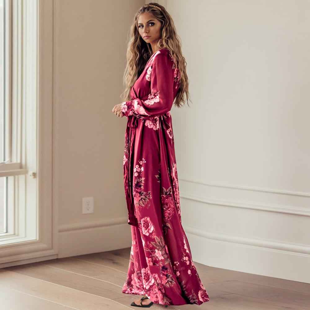 Female Casual Vintage Floral Print Autumn Maxi Dress Sexy V Neck Women