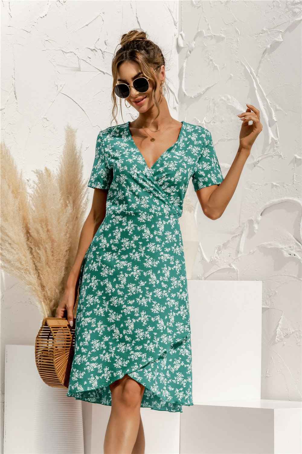 Sexy V Neck Floral Print Boho Beach Dress