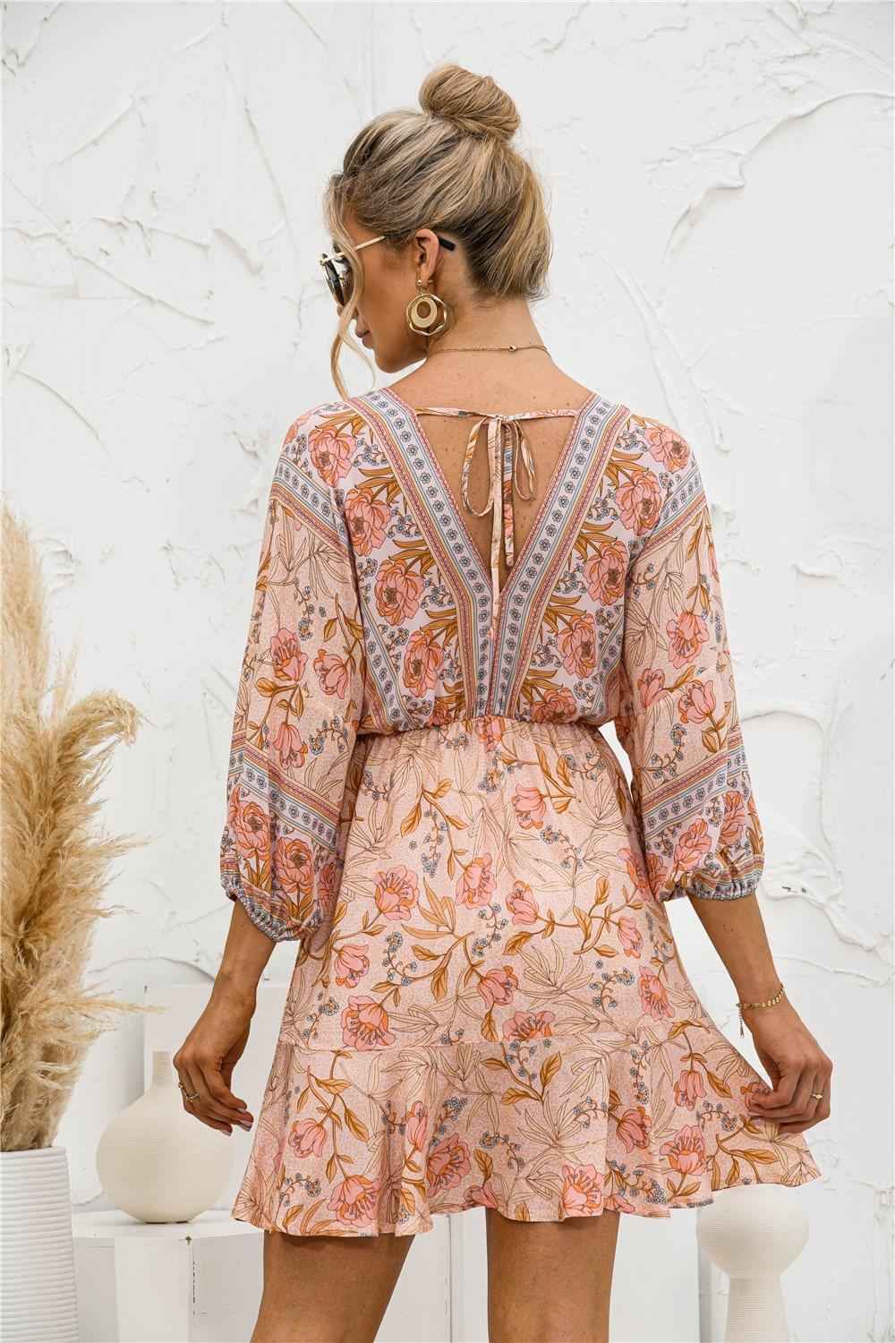 2021 Casual V-neck Long Sleeve Floral Print  Beach Dress