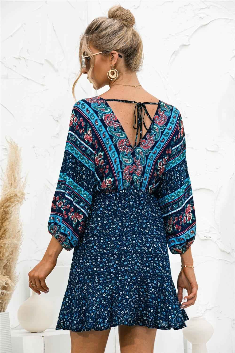 2021 Casual V-neck Long Sleeve Floral Print  Beach Dress