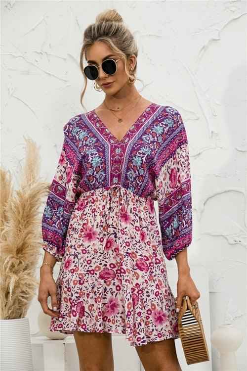 2021 Casual V-neck Long Sleeve Floral Print  Beach Dress