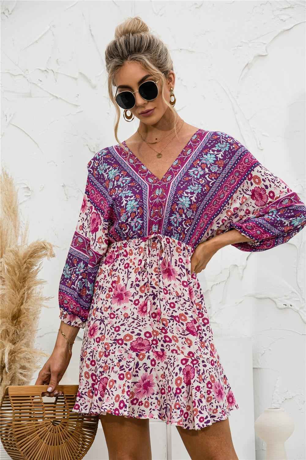 2021 Casual V-neck Long Sleeve Floral Print  Beach Dress