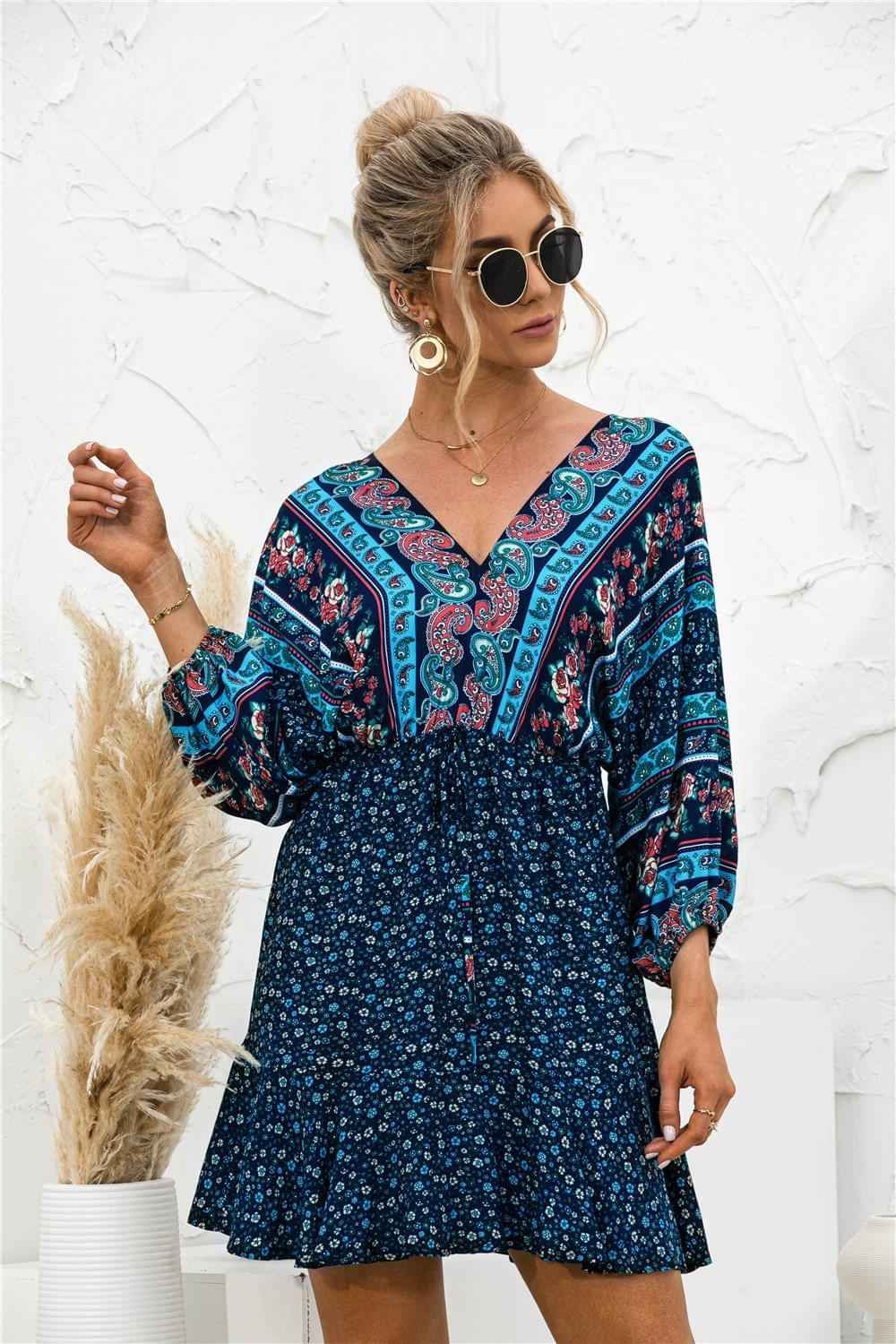 2021 Casual V-neck Long Sleeve Floral Print  Beach Dress