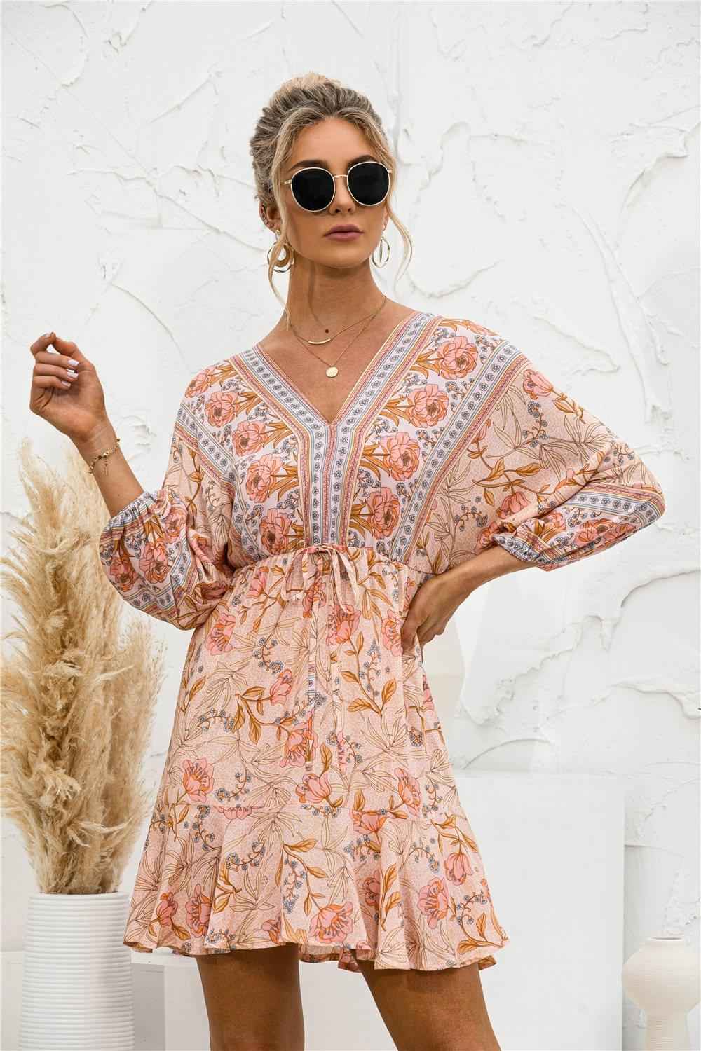 2021 Casual V-neck Long Sleeve Floral Print  Beach Dress