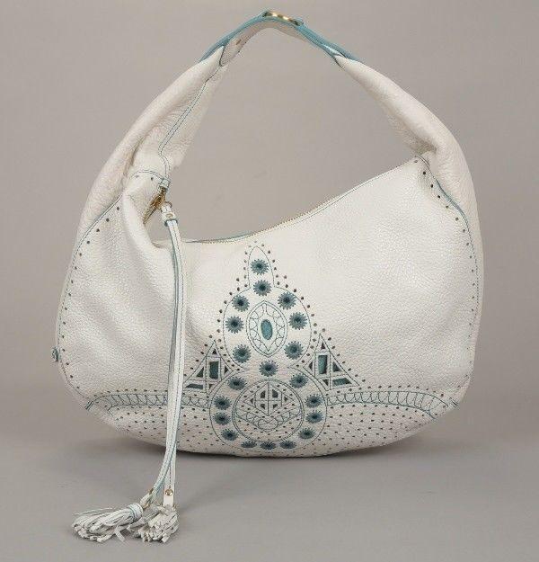Cole Haan Kayla White Pebbled Leather w Turquoise Embroidered Hobo Handbag