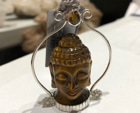 Buddha Head Pendant Tiger Eye on Sterling Silver