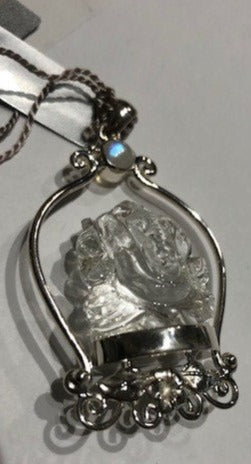 Clear Quartz Ganesh Pendant Hand Carved on Sterling Silver