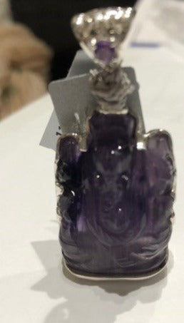 Amethyst Ganesh Pendant Hand Carved on Sterling Silver Small
