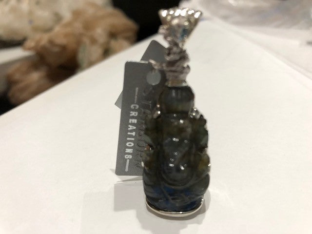 Labradorite Ganesh Pendant Hand Carved on Sterling Silver Small