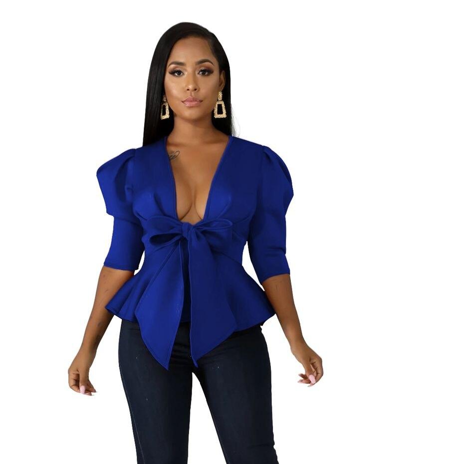 Modern  Blouse V Neck Half Sleeve Ruffle Front Bow Style
