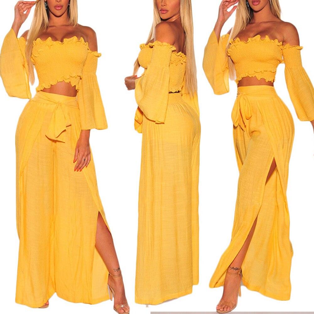 Pleated Jumpsuits Off Shoulder Boot Cut Sleeve Split