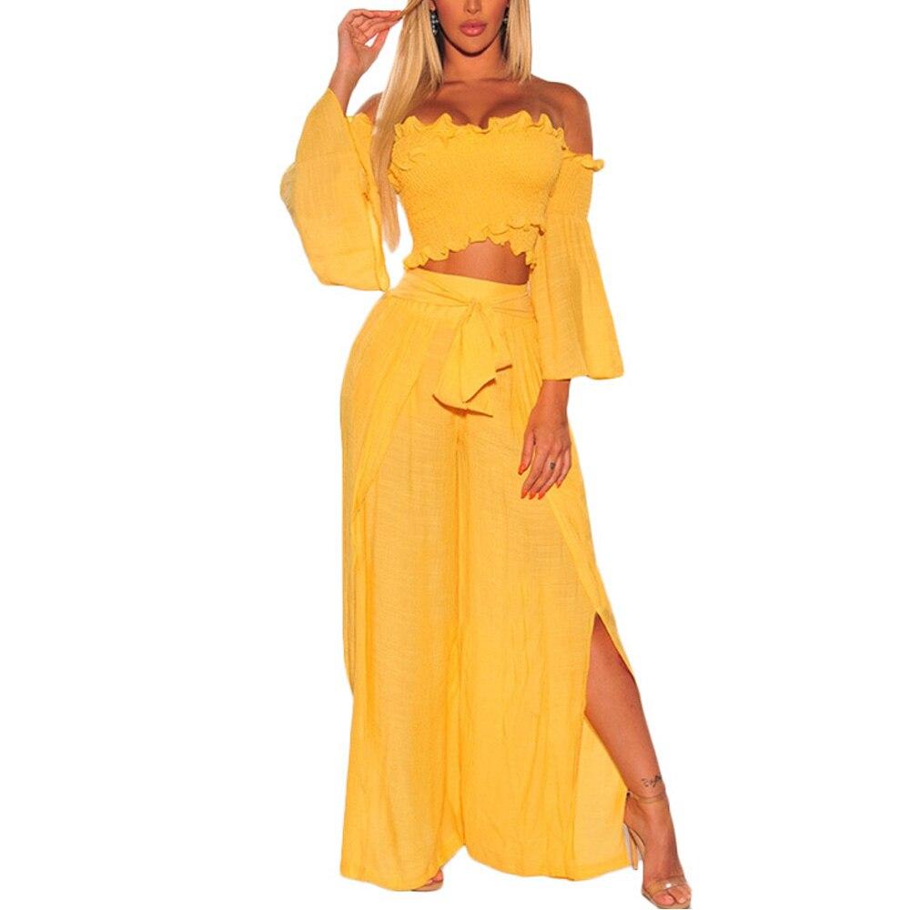 Pleated Jumpsuits Off Shoulder Boot Cut Sleeve Split