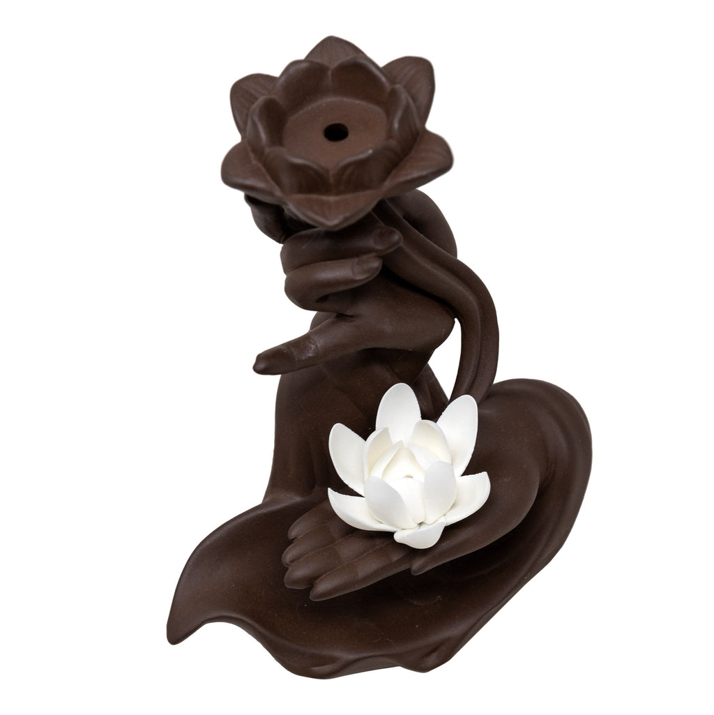Ceramic Blackflow Incense and Cone Burner with Lotus Flower