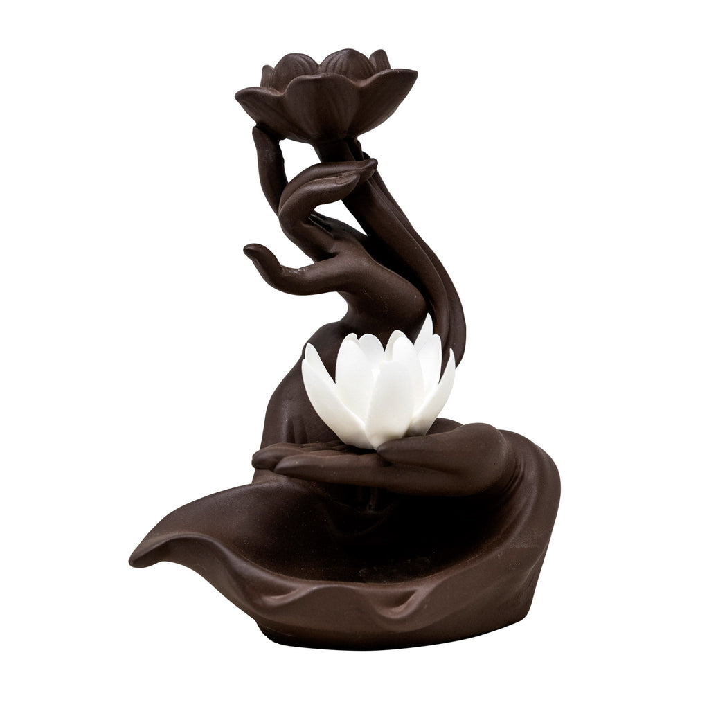 Ceramic Blackflow Incense and Cone Burner with Lotus Flower