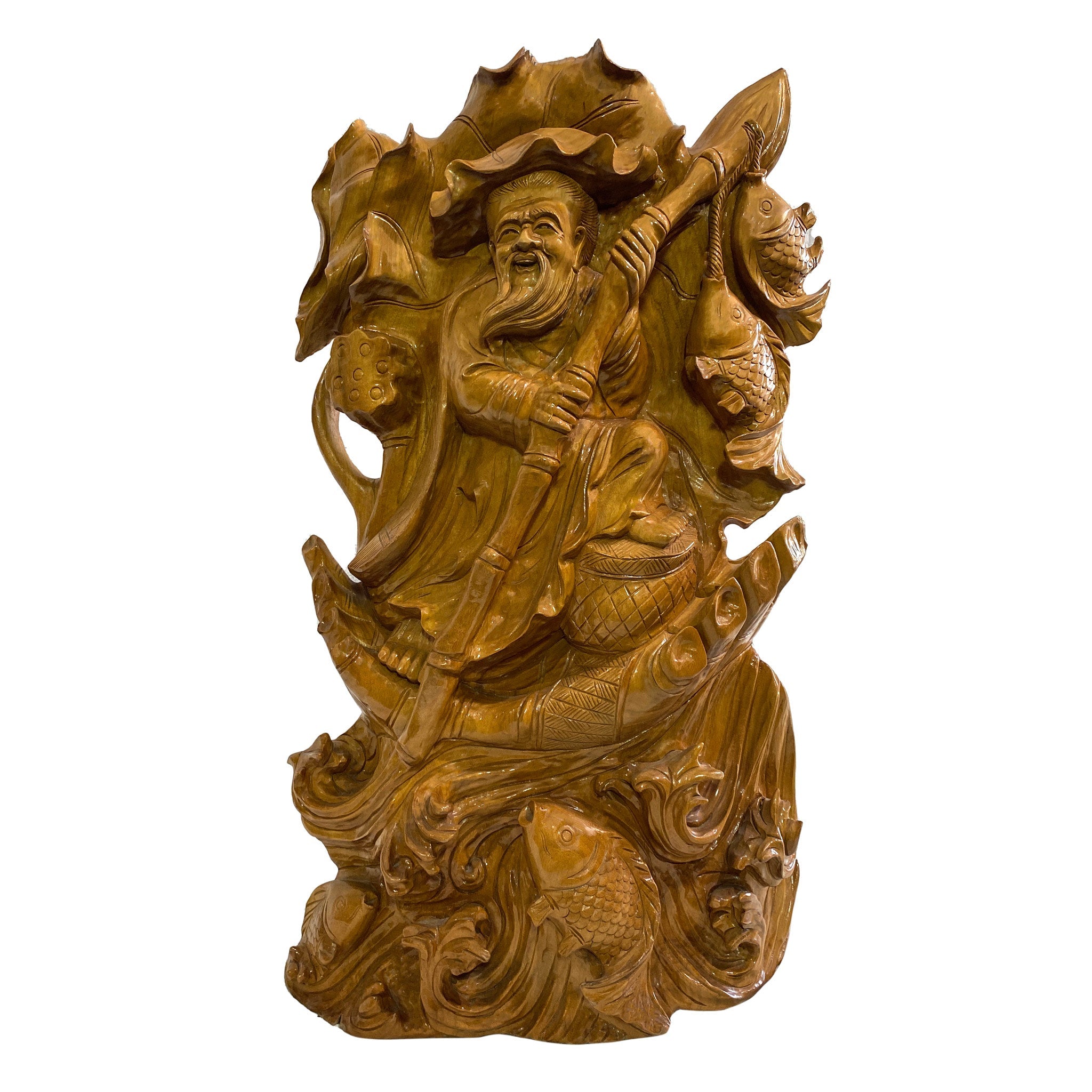 Hand-Carved Fisherman Wooden Statue