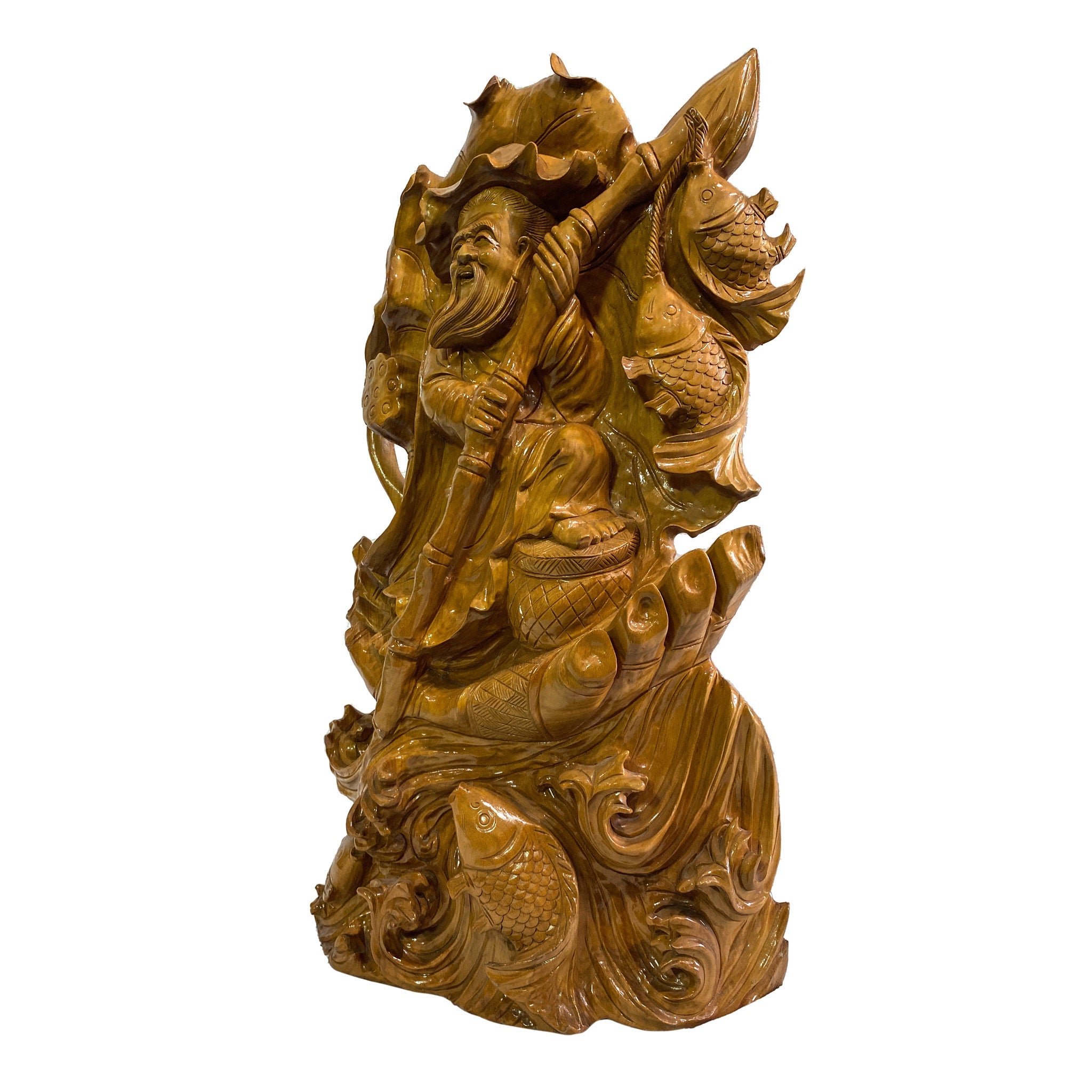 Hand-Carved Fisherman Wooden Statue