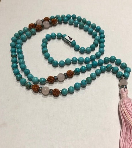 Mala Magnesite, Rudraksha and Rose Quartz
