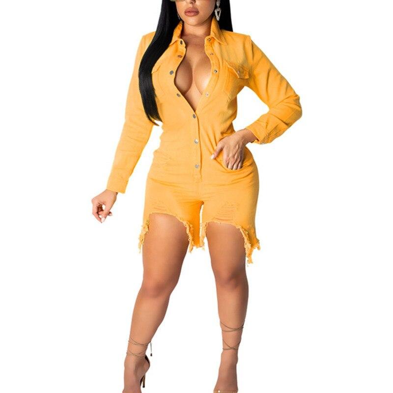 Jeans Denim Casual Jumpsuit Buttons Front Long Sleeve Short