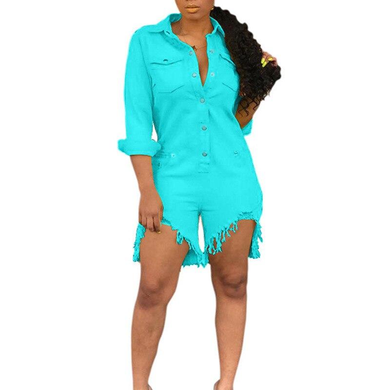 Jeans Denim Casual Jumpsuit Buttons Front Long Sleeve Short