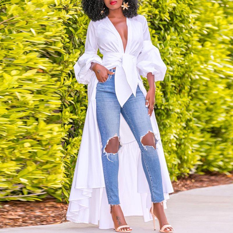 Long Cardigan Shirt Elegant With Short  Puff Sleeve