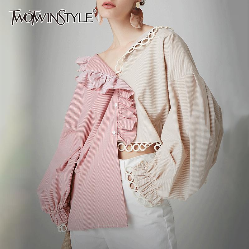 New Stylish Patchwork Shirt V Neck Lantern Ruffle Sleeve