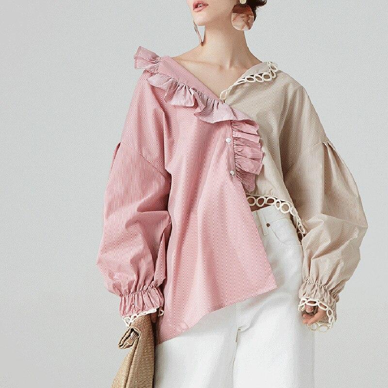 New Stylish Patchwork Shirt V Neck Lantern Ruffle Sleeve