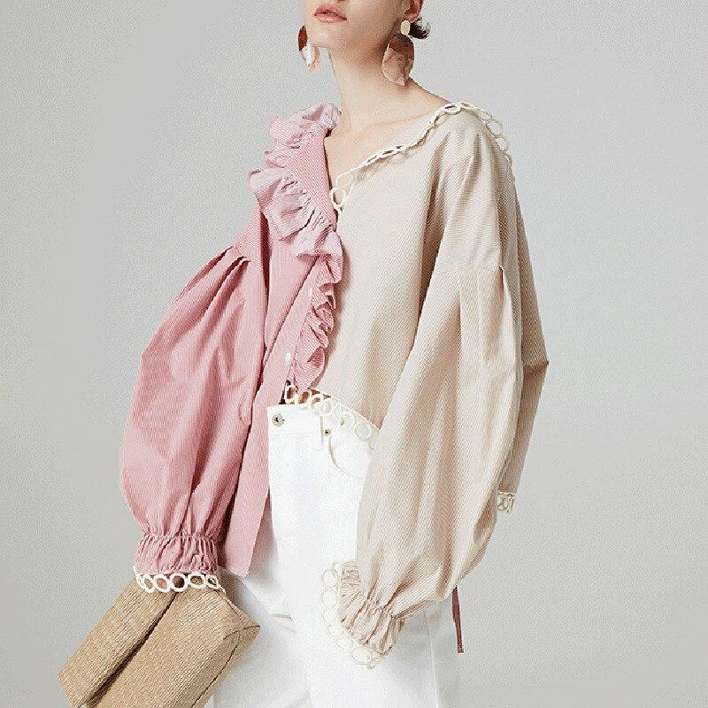 New Stylish Patchwork Shirt V Neck Lantern Ruffle Sleeve