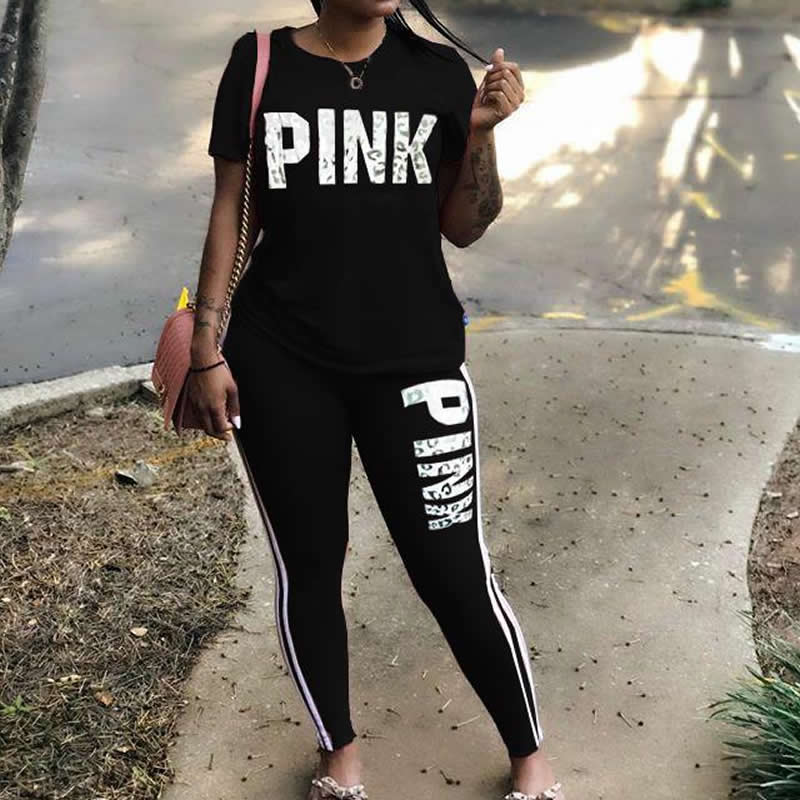 Pink Letter Set Tracksuit Short Sleeve Casual-wear Slim Fit
