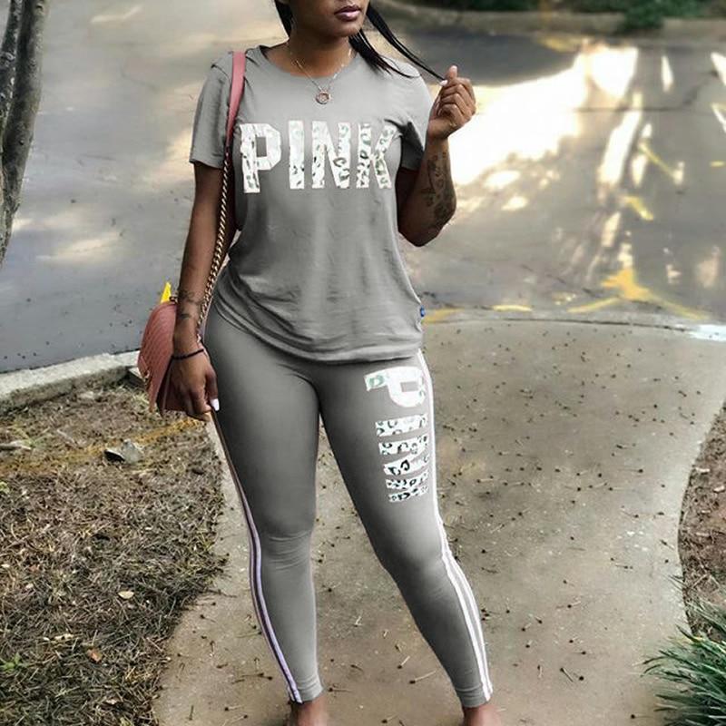 Pink Letter Set Tracksuit Short Sleeve Casual-wear Slim Fit