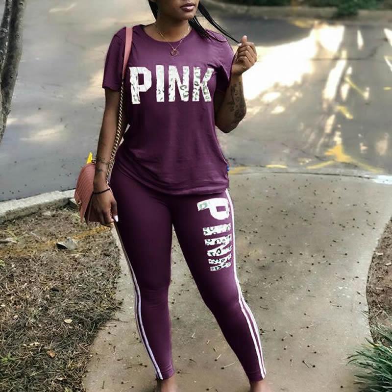 Pink Letter Set Tracksuit Short Sleeve Casual-wear Slim Fit