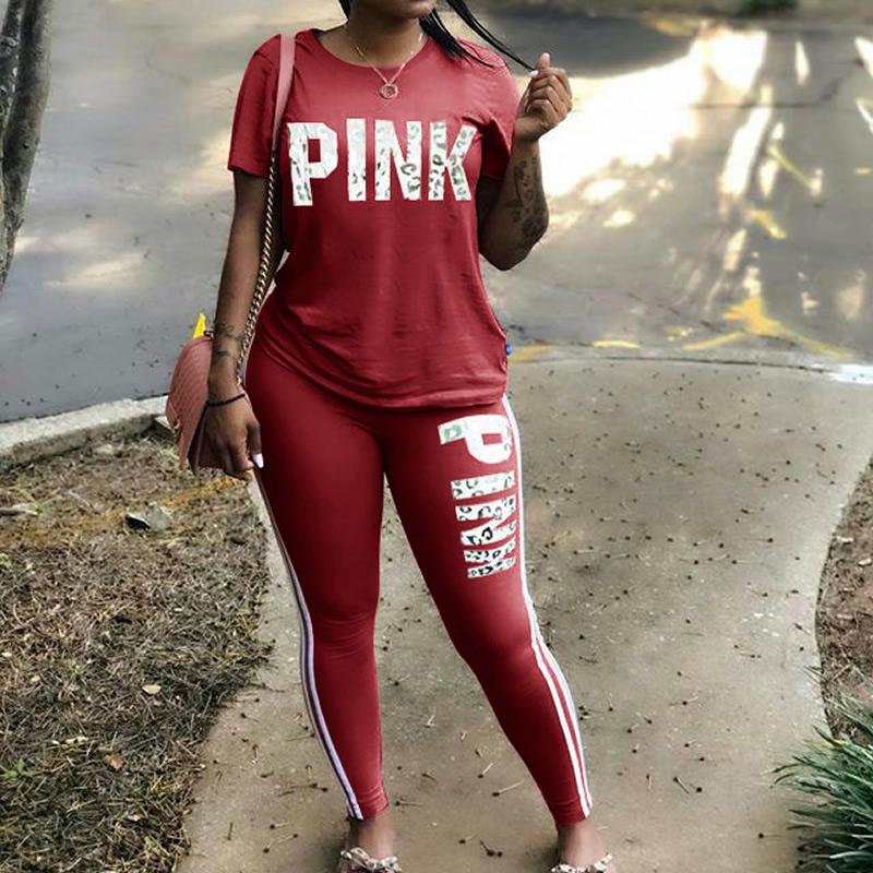Pink Letter Set Tracksuit Short Sleeve Casual-wear Slim Fit