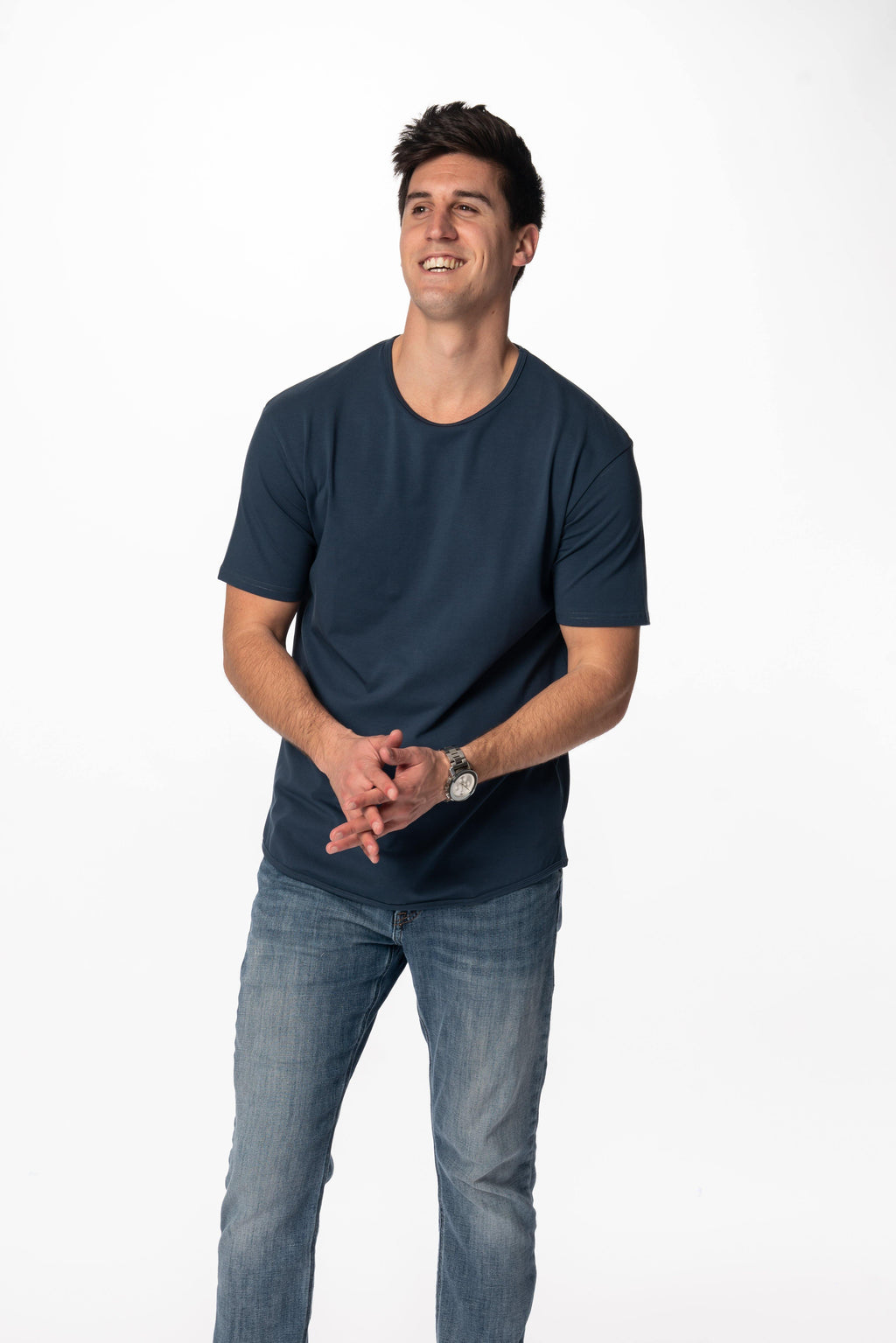 Curve-Split Crew T-Shirt: Charcoal Blue - Rule Of Threads