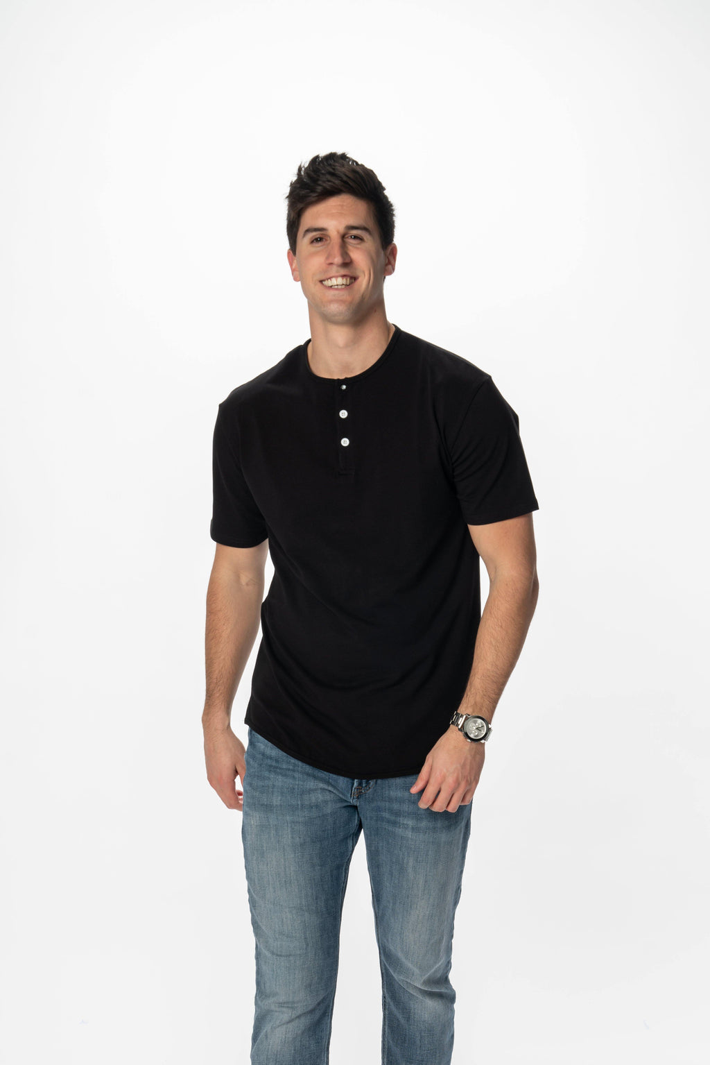 Curve-Split Henley T-Shirt: White