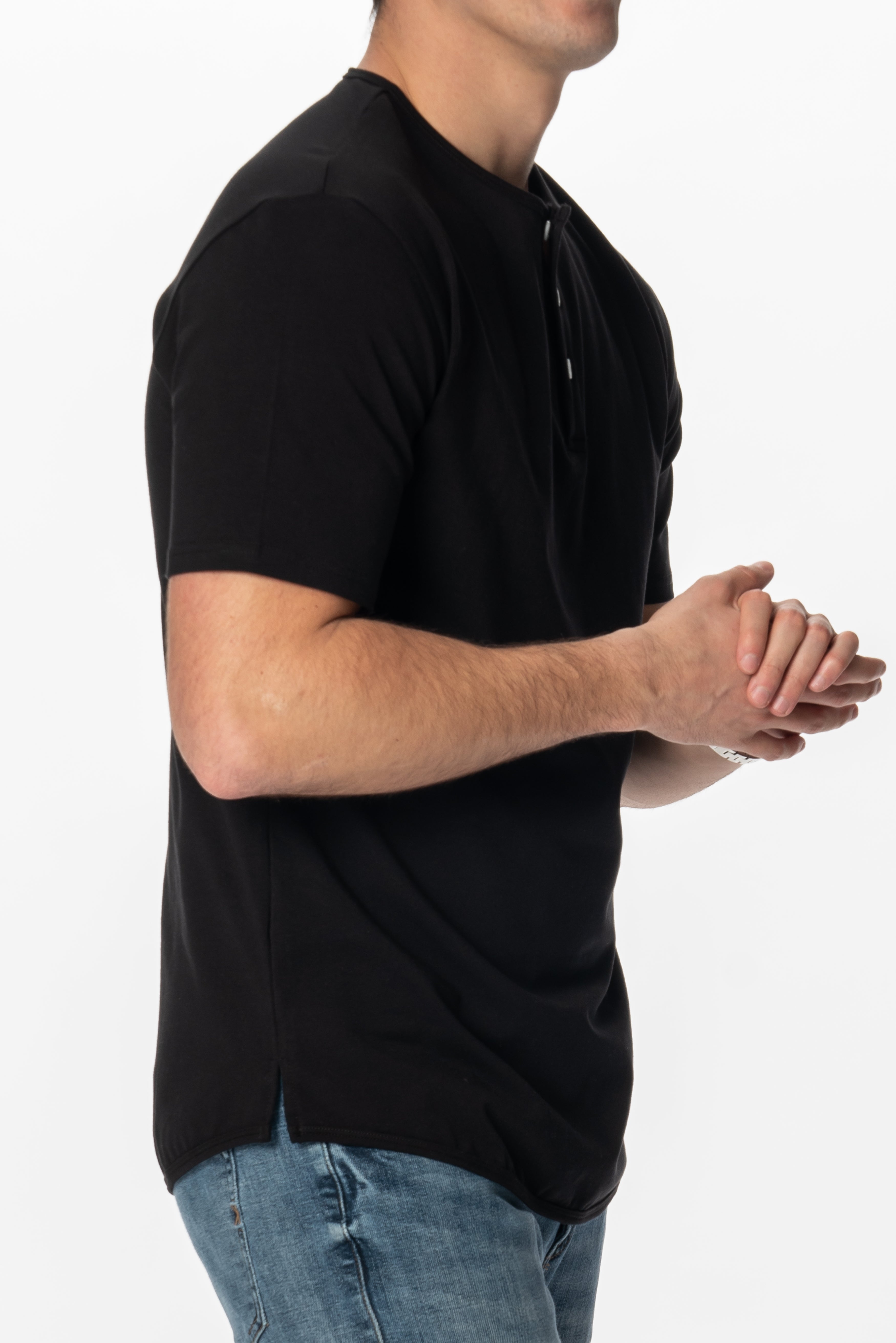 Curve-Split Henley T-Shirt: Coastal Blue