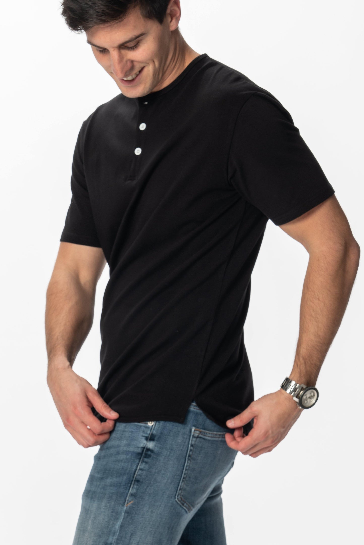 Curve-Split Henley T-Shirt: Coral Pink