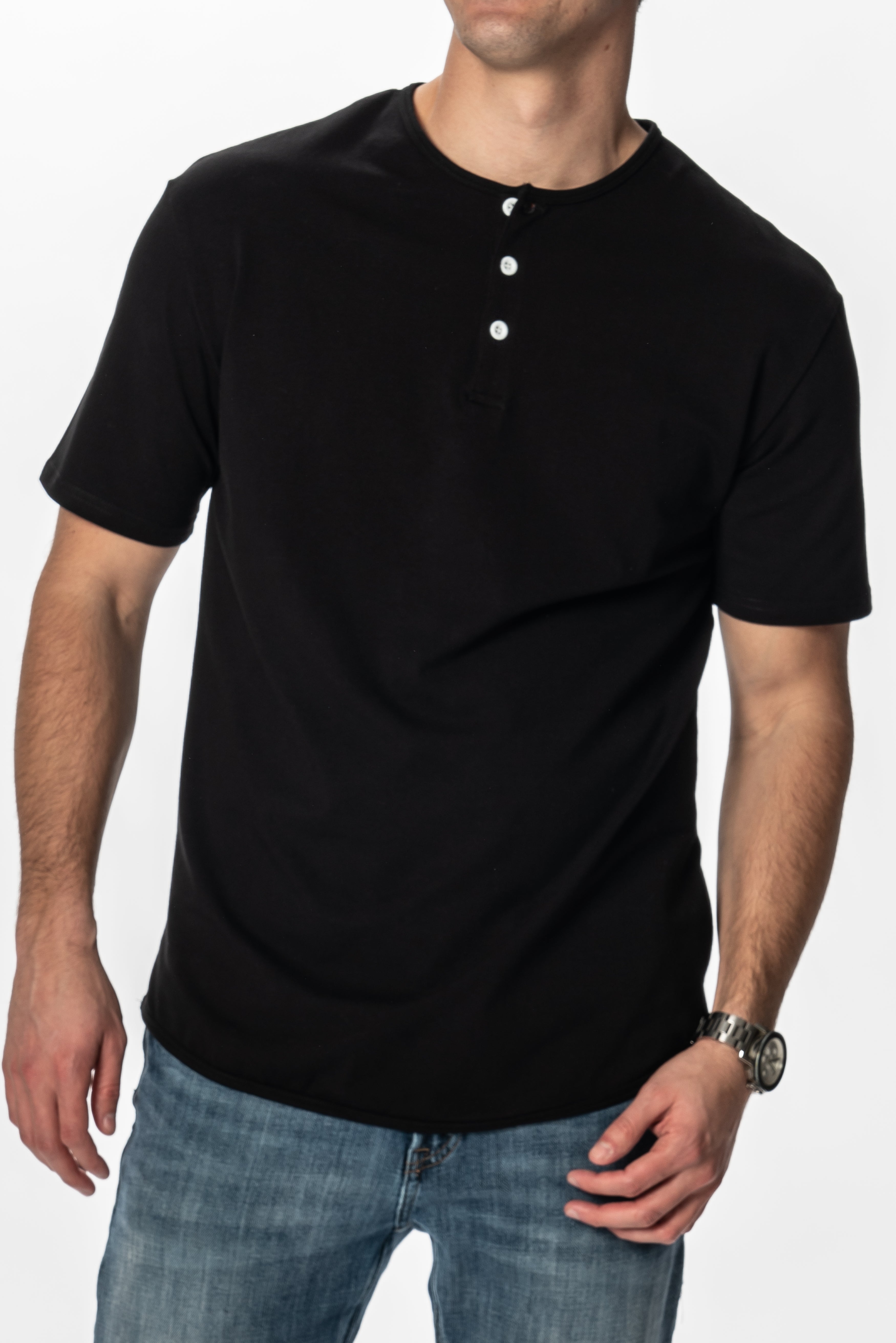 Curve-Split Henley T-Shirt: Black - Rule Of Threads