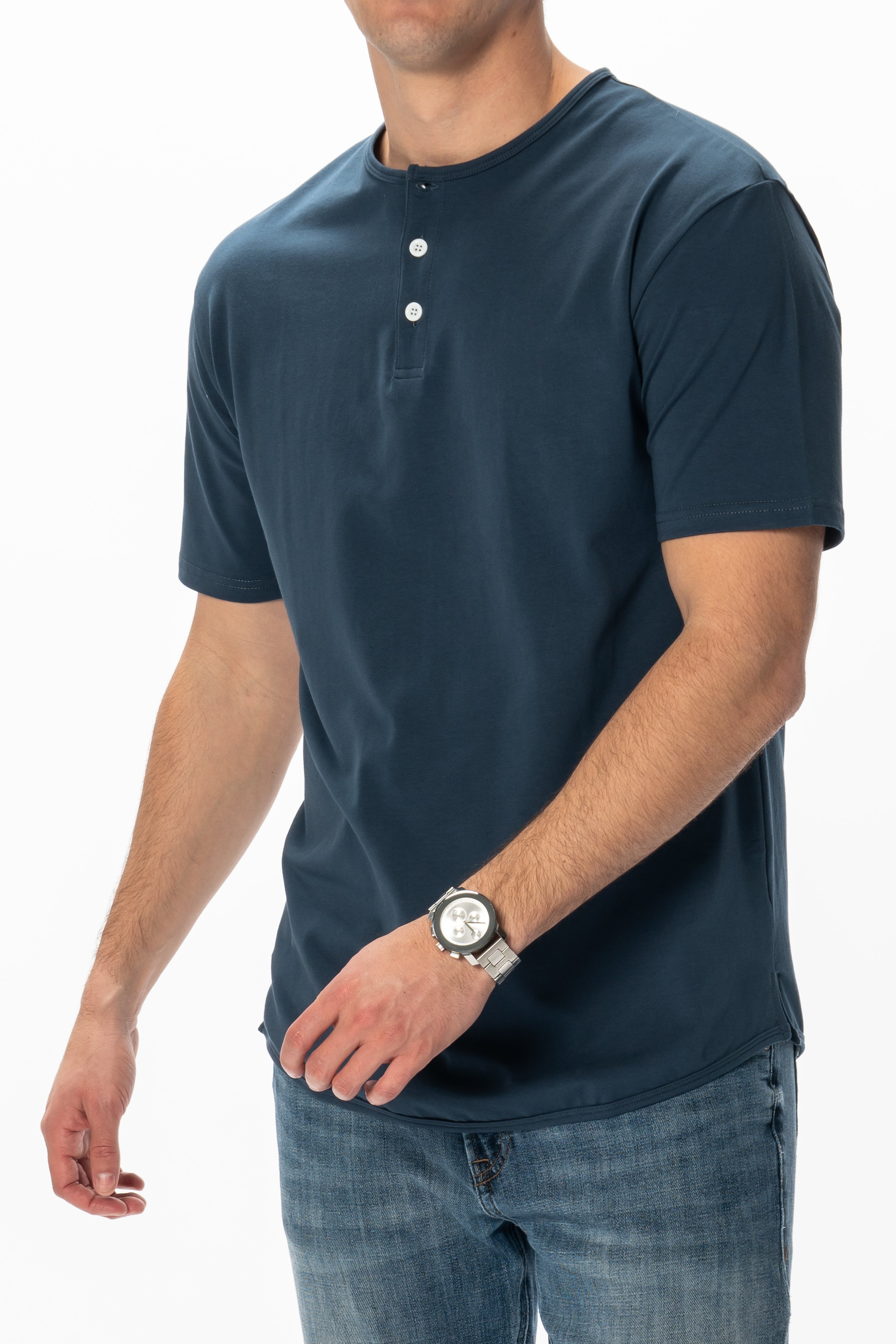 Curve-Split Henley T-Shirt: Charcoal Blue - Rule Of Threads