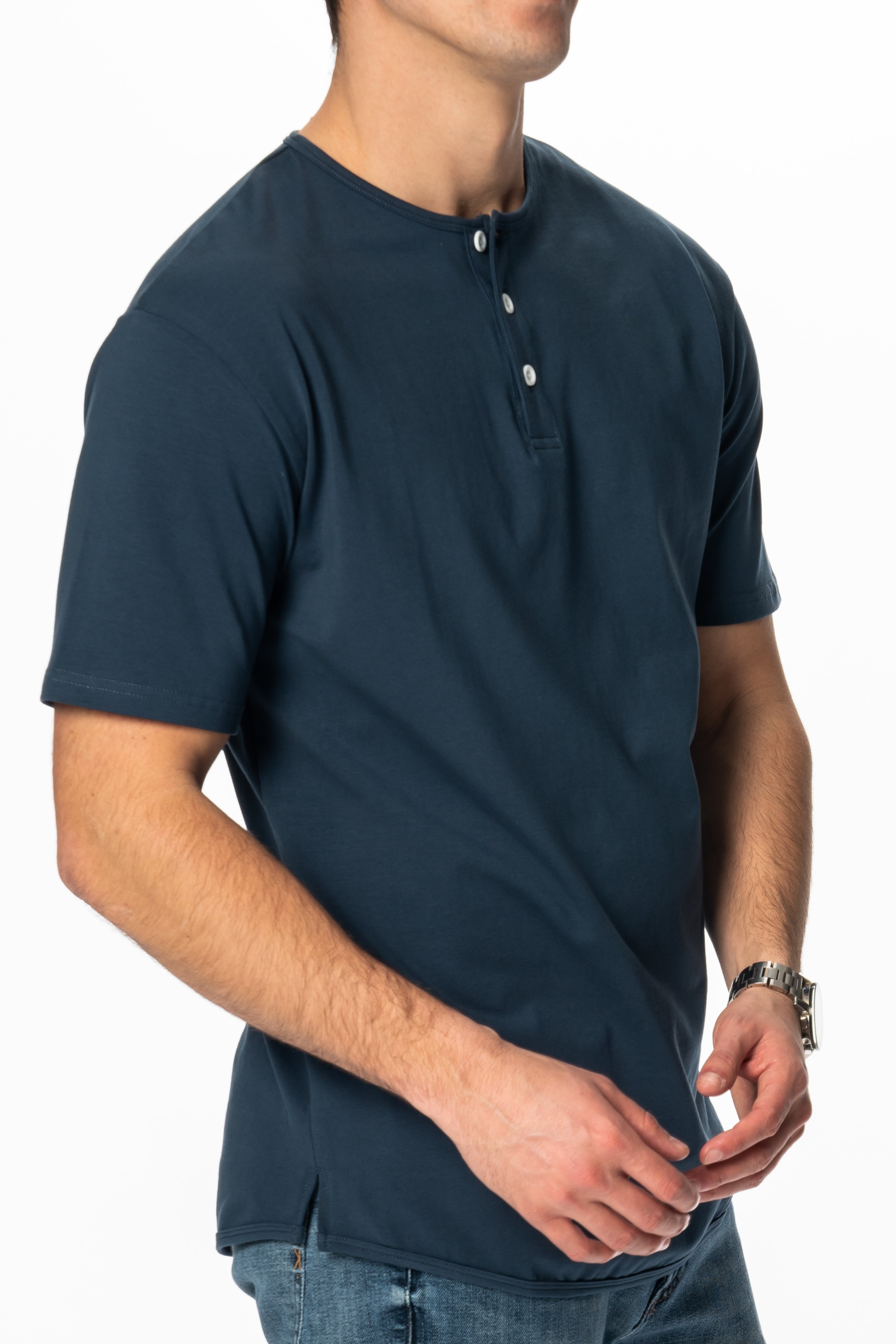 Curve-Split Henley T-Shirt: Charcoal Blue - Rule Of Threads