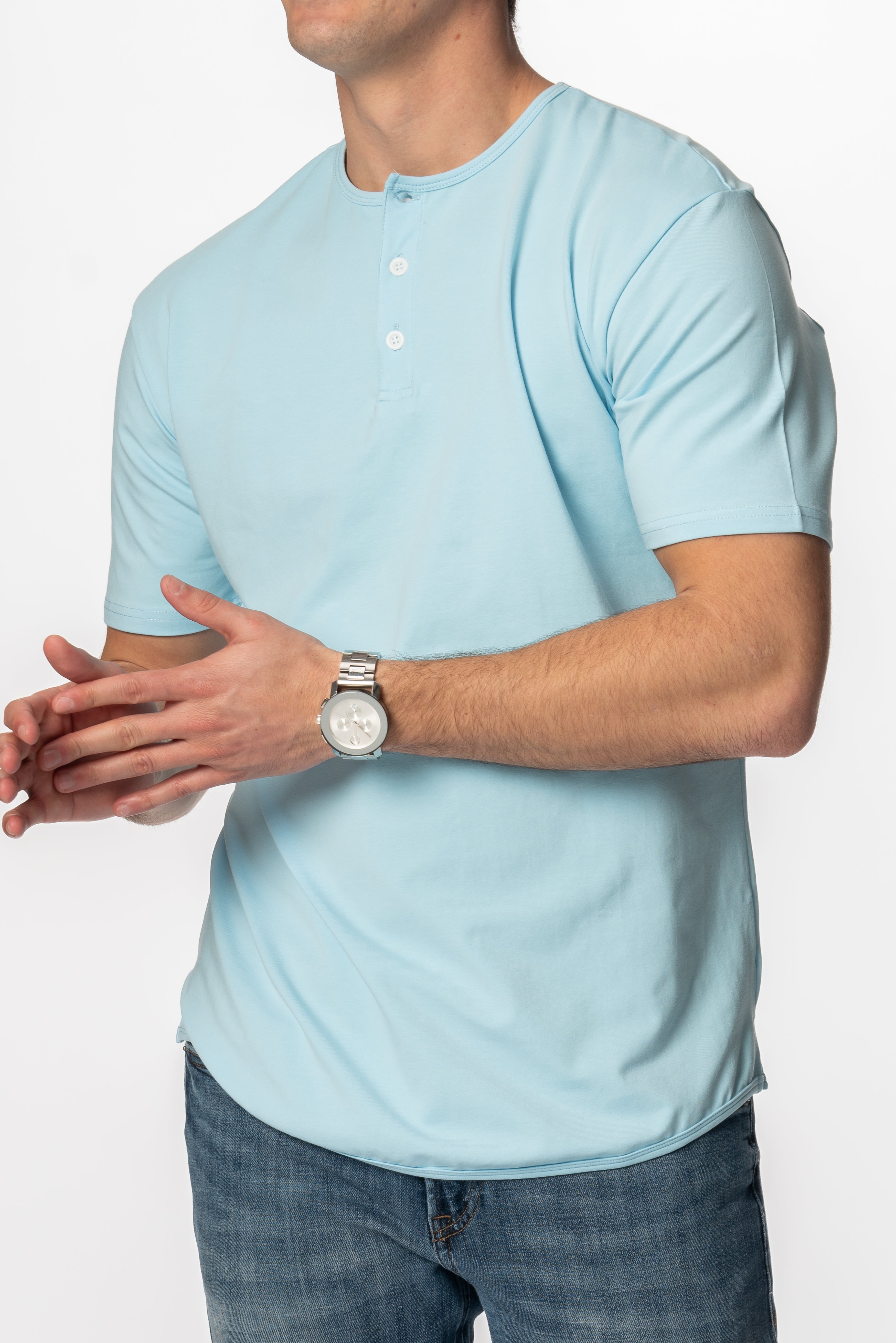 Curve-Split Henley T-Shirt: Coastal Blue - Rule Of Threads