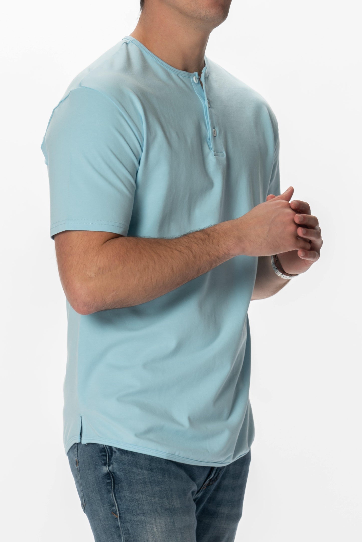 Curve-Split Henley T-Shirt: Sand
