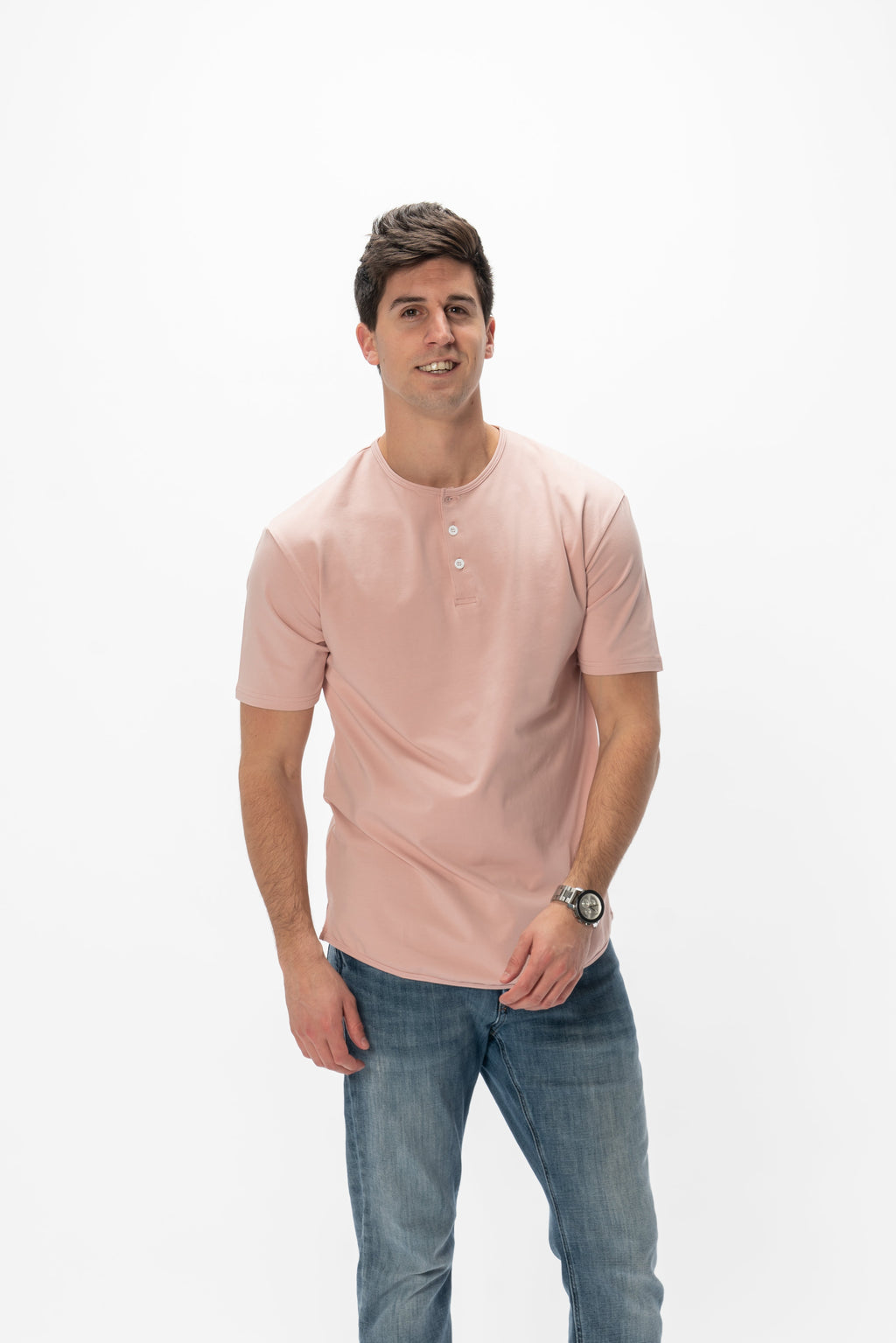 Curve-Split Henley T-Shirt: Coral Pink - Rule Of Threads