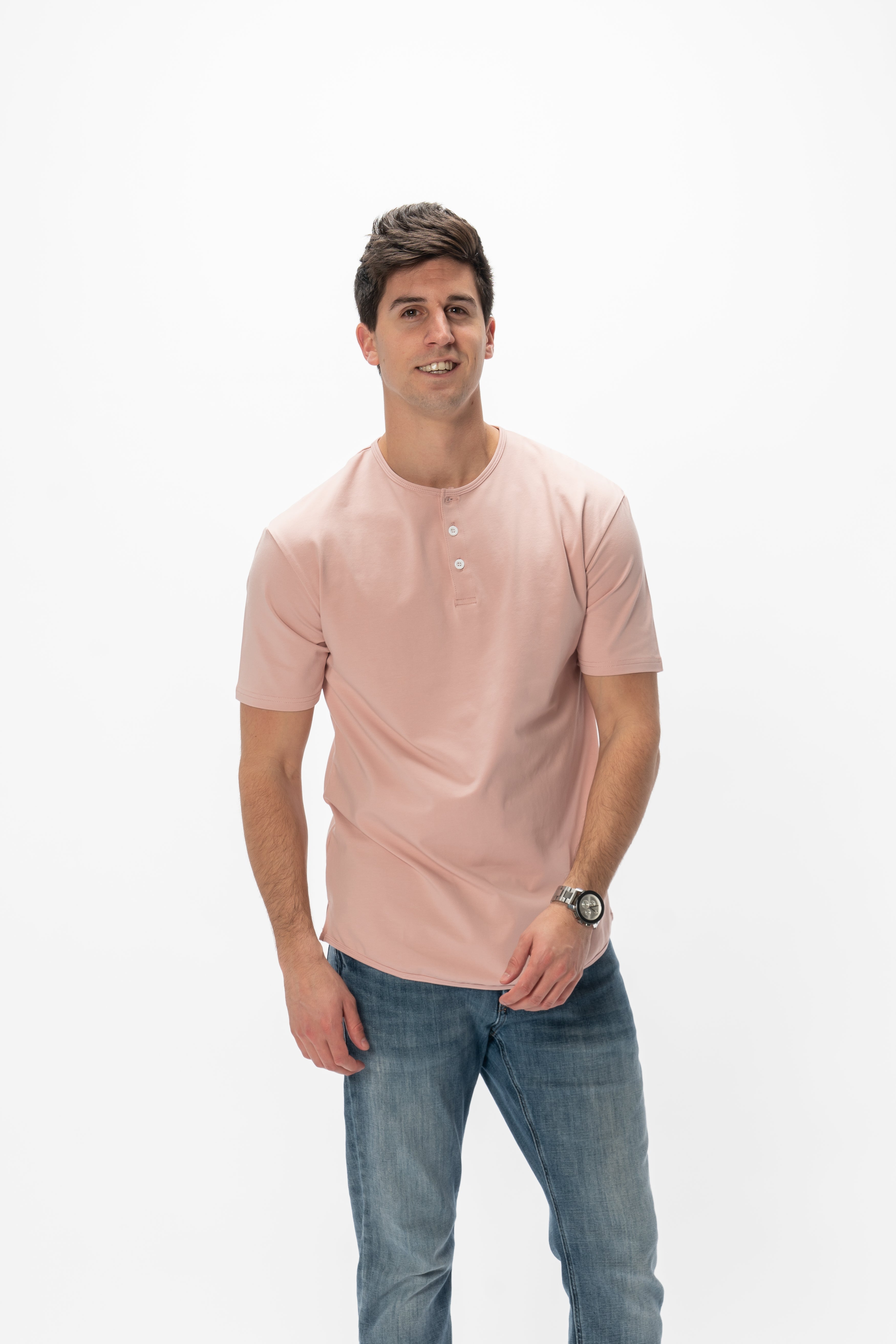Curve-Split Henley T-Shirt: Sand