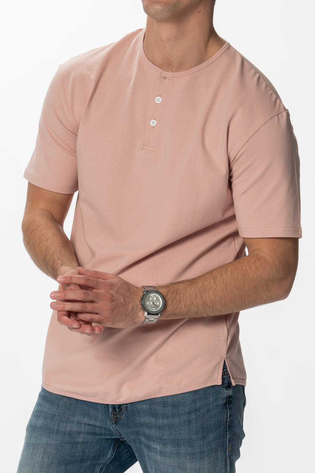 Curve-Split Henley T-Shirt: Coastal Blue