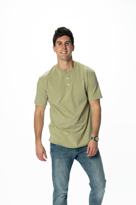 Curve-Split Henley T-Shirt: Khaki Green - Rule Of Threads