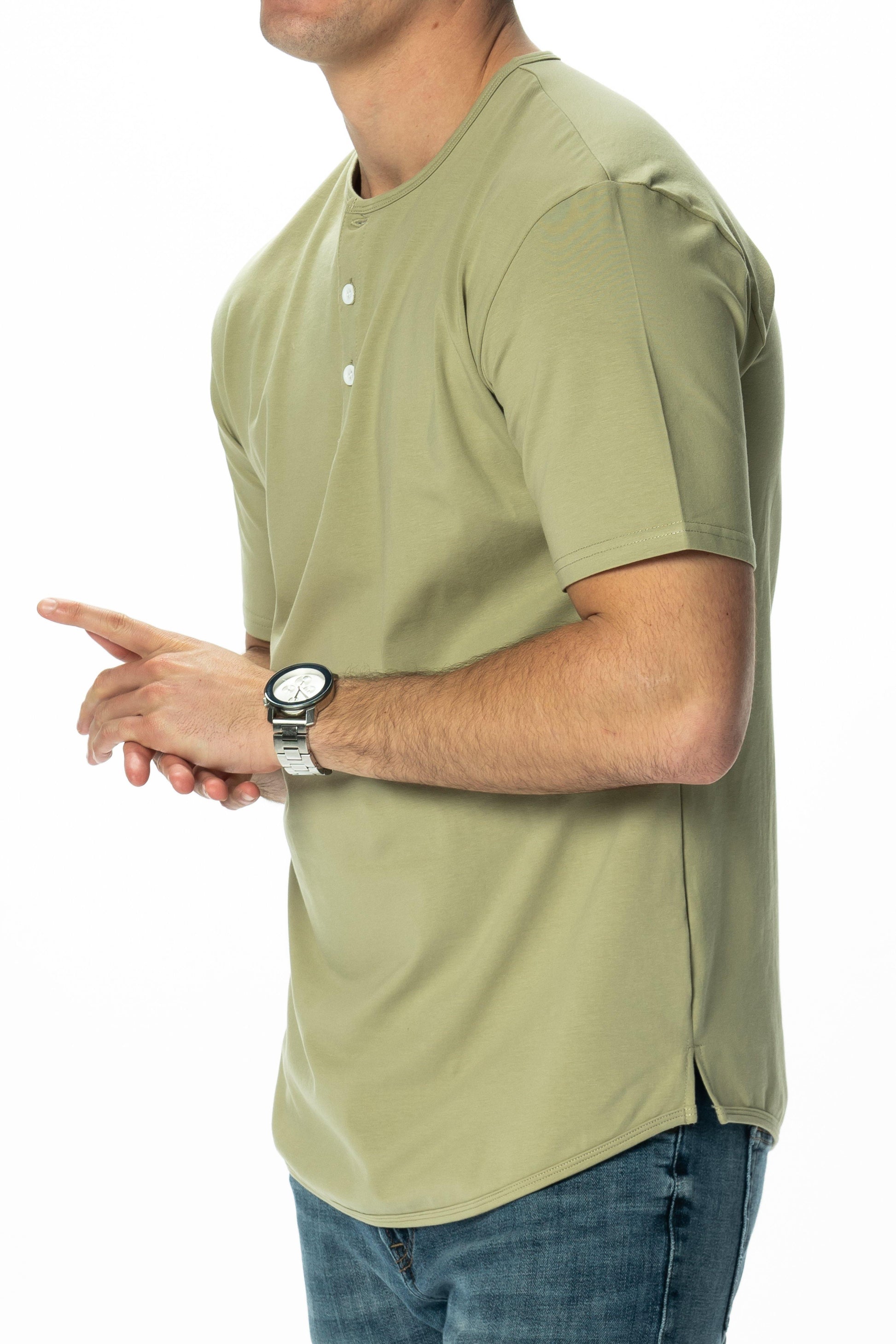 Curve-Split Henley T-Shirt: Khaki Green - Rule Of Threads
