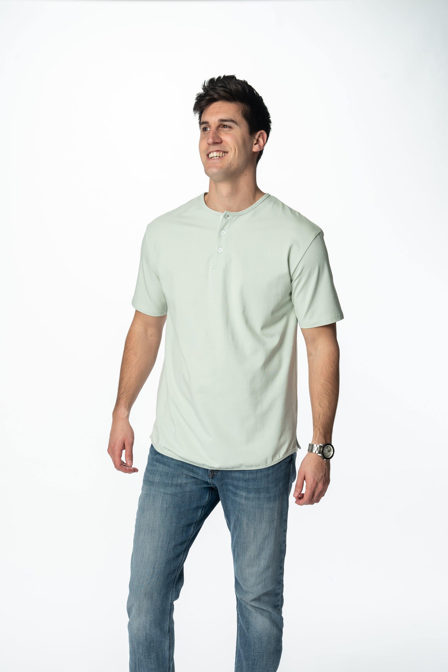 Curve-Split Henley T-Shirt: Coastal Blue