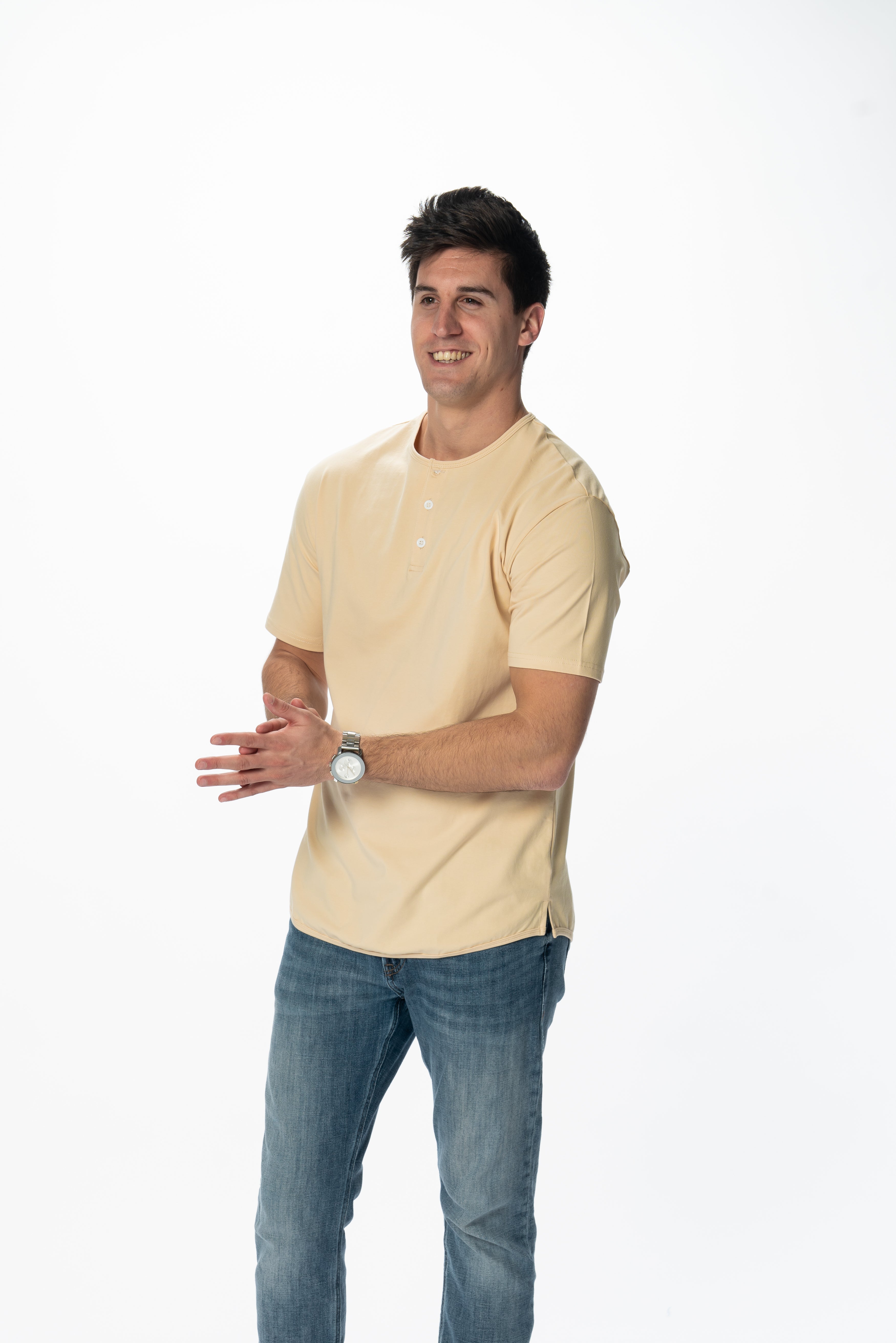 Curve-Split Henley T-Shirt: Coastal Blue